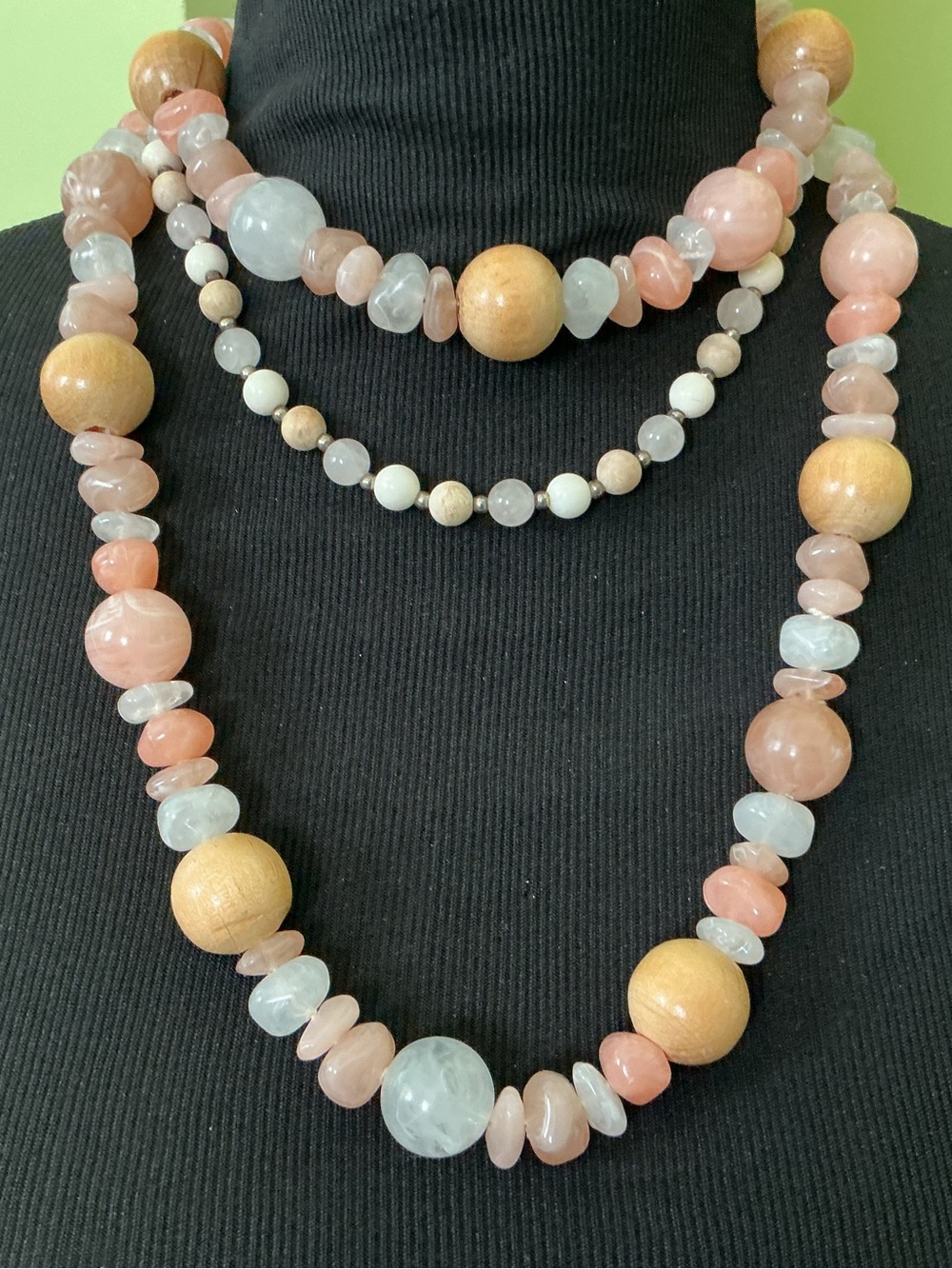 2-Piece Pink/Wood/Lucite Cream Beaded Statement Necklace & Glass/Stone Necklace